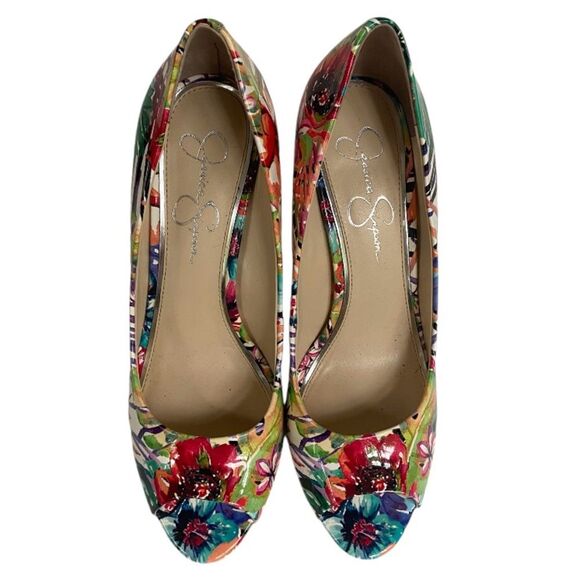 Jessica Simpson Dalyn Tropical Print Cork Heel Peep Toe Pumps Women’s 9.5 - Picture 4 of 10